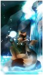  female feralise hybrid kubikitsune kubikitsune_(artist) magic magic_user nude rock sitting solo tail unknown_species water waterfall wings 