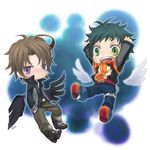  bad_id bad_pixiv_id brown_hair chibi chitose_koromo green_eyes green_hair lowres multiple_boys nagumo_ichitaka purple_eyes super_robot_wars super_robot_wars_l wings yuunagi_graif 