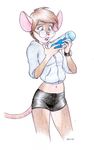  denike eyewear female glasses lube mammal midriff mouse plain_background robyn_(denike) rodent short_shorts shorts solo surprise surprised tomboy white_background 