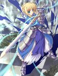  ahoge armor armored_dress artoria_pendragon_(all) blonde_hair caliburn dress fate/stay_night fate_(series) faulds green_eyes highres saber solo sword wakou_tensui weapon 