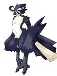  bird blue blue_feathers blush feathers kosian kuroba looking_at_viewer male plain_background solo standing white_background yellow_eyes 
