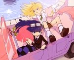  blonde_hair car chuck_(psg) ground_vehicle gun hummer motor_vehicle multicolored_hair multiple_girls necktie panty_&amp;_stocking_with_garterbelt panty_(psg) school_uniform see-through_(psg) socks stocking_(psg) sumomo4r sunglasses thighhighs two-tone_hair weapon 