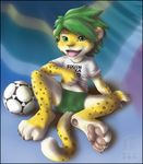  2010 blush cub feline football green_eyes green_hair hair leopard looking_at_viewer male mascot navel open_mouth paws short_hair sitting soccer solo south_africa tail tongue undressing world_cup zakumi zen 