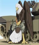  alcander anthro army avian bald_eagle beak bird claws clothed clothing cum eagle erection feathers gun hi_res jackrow jako male military penis ranged_weapon sniper_rifle soldier solo tailfeathers talons tank weapon wings 