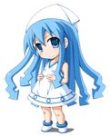  blue_eyes blue_hair chibi dress hat ikamusume long_hair natsuhime_yuran shinryaku!_ikamusume solo tentacle_hair 