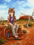  brown_hair clothed clothing cloud clouds female green_eyes hair mammal marsupial outback outside pink_nose purse quoll silentravyn sitting solo spots tree water_bottle wood 