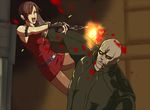  ada_wong belt blood brown_eyes brown_hair dress female fight fighting fingerless_gloves gloves gun monster mr_x one_eye_closed open_mouth pantyhose resident_evil resident_evil_2 ripper_(pixiv1619499) short_hair weapon wink 