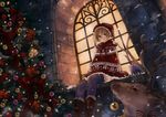  blonde_hair bloomers blue_eyes christmas christmas_ornaments christmas_tree gift hat highres original pantyhose pisuke purple_legwear reindeer santa_costume santa_hat short_hair sitting sitting_in_window smile solo underwear window windowsill 