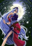  absurdres arrow blue_eyes bow_(weapon) braid breasts forest hat highres keraton large_breasts legs long_hair long_legs moon nature night nurse_cap silver_hair solo thighs touhou weapon white_hair yagokoro_eirin 