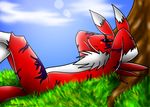  2008 alternate_color anthro bandai_namco biped black_nose black_sclera blue_eyes canid canine chest_tuft day digimon digimon_(species) dipstick_ears ear_markings fan_character fur gloves_(marking) grass guilmon hands_behind_head leg_markings lens_flare lying male mammal markings multicolored_ears nancher nude on_back outside plant purple_body purple_fur red_body red_fur renamon side_view sky socks_(marking) solo sun tail tree tuft white_body white_fur wood 