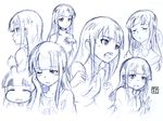  character_sheet expressions long_hair monochrome multiple_views sketch traditional_media v working!! yamada_aoi yoshikawa_kazunori 