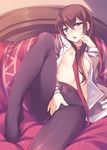  black_legwear blue_eyes blush brown_hair clothed_masturbation crotch_seam feet flat_chest inato_serere long_hair lying makise_kurisu masturbation navel necktie nipples open_clothes open_mouth open_shirt panties panties_under_pantyhose pantyhose red_neckwear shirt solo steins;gate underwear 