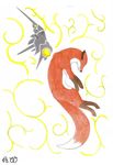  female feral fox male mammal metal painted pattern plain_background sleeping unknown_artist white_background wings yellow 