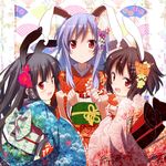  :3 animal_ears black_hair brown_hair bunny_ears fang gochou_(atemonai_heya) hair_ornament highres houraisan_kaguya inaba_tewi japanese_clothes kanzashi kimono lavender_hair multiple_girls obi red_eyes reisen_udongein_inaba sash symbol-shaped_pupils touhou 