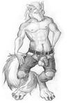  arjuna balls canine jeans male mammal nipples penis pinup pose sheath solo topless unzipped wolf 