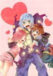  2boys bad_id bad_pixiv_id blue_eyes blush brown_hair green_eyes heartless highres hug kairi_(kingdom_hearts) kingdom_hearts multiple_boys pink_hair riku shadow_(kingdom_hearts) shirozatou silver_hair sora_(kingdom_hearts) 