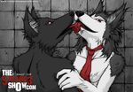  2005 bathroom canine dog ear_tufts female husky kissing looking_at_viewer male nagatsuki necktie red_eyes straight the_strange_show tongue wolf 