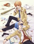  angel_beats! barefoot baseball_bat blue_hair bottle brown_eyes brown_hair can chips closed_eyes clothes_pin food gun highres hinata_(angel_beats!) lying male_focus multiple_boys otonashi_(angel_beats!) potato_chips school_uniform suma_(jen-ga) toilet_paper weapon 