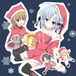  3boys arsene black_legwear cape hair_ribbon hat heart henriette_mystere kaname_ihnk multiple_boys open_clothes open_shirt purple_eyes rat_(milky_holmes) ribbon santa_costume shirt silver_hair stone_river tantei_opera_milky_holmes thighhighs twenty_(milky_holmes) 