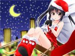  bare_shoulders black_gloves black_hair boots brown_eyes christmas cityscape gloves hat k-on! landscape long_hair moon muta_(munimuni) nakano_azusa night night_sky red_footwear sack santa_boots santa_costume santa_hat sky sleigh solo twintails 