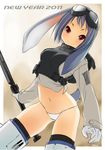  2011 animal_ears bunny_ears gloves goggles gun navel original panties purple_hair red_eyes retsumaru short_hair solo striker_unit tail thighhighs underwear weapon 