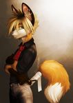 black_&amp;_mild blonde_hair canine cigar cigarillo clothed clothing fox green_eyes hair looking_at_viewer male mammal necktie piercing short_hair smoke sneakerfox solo tie 