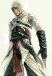  altair_ibn_la-ahad assassin's_creed assassin's_creed_(series) brown_hair cape grin hidden_blade hood knife male_focus rae smile solo sword vambraces weapon 