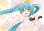  :d animal_ears aqua_eyes aqua_hair bunny_ears elbow_gloves gloves hatsune_miku long_hair microphone nino_(aquarius) open_mouth outstretched_arm pinky_out smile solo twintails vocaloid 