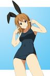  animal_ears brown_eyes brown_hair bunny_ears from_below fukuoka_katsumi grin one-piece_swimsuit original school_swimsuit short_hair smile solo swimsuit touka_(fukuoka_katsumi) 