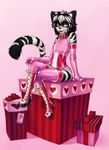  arm_gloves black_hair boxes collar collar_tag corset crossdressing elbow_gloves feline girly gloves hair jayron knee-high_boots knee_boots laced_boots lacing latex looking_at_viewer male mammal orange_eyes pink pink_theme rubber sitting solo tiger 