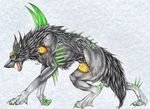  black canine feral green_eyes greyradian multiple_eyes solo spikes wolf yellow_eyes 