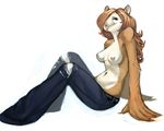  avian breasts brown_hair clothed clothing electropanda female hair half-dressed long_hair nipples owl pants plain_background solo theowlette topless white_background 