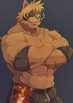  biceps big_muscles body_markings bulge clothed clothing crossed_arms dandoo dard drakuun eye_patch eyewear feline fur half-dressed looking_at_viewer male mammal markings muscles pecs scar solo stripes tiger topless wrestler 