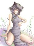  animal_ears bad_id bad_pixiv_id barefoot china_dress chinese_clothes dress grey_hair highres mochi.f mouse mouse_ears mouse_tail nazrin one_eye_closed red_eyes short_hair smile solo tail touhou 