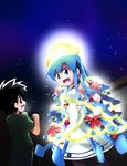  1girl aizawa_takeru blue_eyes blue_hair christmas_tree cosplay dress glowing hat highres ikamusume kaburaya_seiden long_hair shinryaku!_ikamusume tentacle_hair 