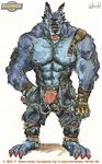 2009 abs aokmaidu balls barazoku belt big_balls blue bulge canine claws digimon exposed fangs hyper leather looking_at_viewer male muscles open_mouth open_pants pants penis rule_34 semi_nude solo standing torn_clothing unzipped weregarurumon werewolf wolf yellow_eyes 