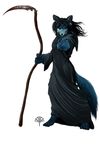  canine cloak death_(personification) female grim_reaper looking_at_viewer mammal plain_background pointing red_eyes scythe solo white_background wolf 