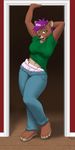  bear diaper female green_eyes jeans pose purple_hair solo 