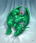  abs anthro biceps big_muscles braford dragon green green_body green_dragon green_penis hair lying male muscles nipples nude on_back pecs penis pose red_hair solo uncut wings 