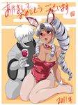  1girl animal_ears blush breasts bunny_ears bunnysuit cleavage dark_skin drill_hair drunk highres large_breasts long_hair os-tan pantyhose red_eyes silver_hair toushi_ryoku vista-tan vistake white_legwear 