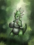  2010 belly big_breasts breasts chubby dinosaur fat female jungle lordstevie nipples rain scalie solo triceratops 