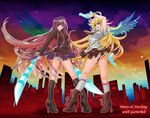  gun highres panty_&amp;_stocking_with_garterbelt panty_(character) panty_(psg) school_uniform smile stocking_(character) stocking_(psg) sword weapon wings 