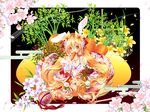  2011 animal_ears bamboo bare_shoulders blonde_hair bow bunny_ears carrot crescent flower hair_bow highres jewelry long_hair necklace new_year orange_eyes original sakurano_miya solo very_long_hair 