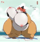  breast_lick breasts canine female fox green_eyes hair lick licking looking_at_viewer morbidly_obese nipples nude ponytail red_hair short_hair short_red_hair solo standing tongue unknown_artist 