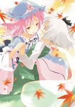  asoka blue_eyes blush holding_hands hug konpaku_youmu konpaku_youmu_(ghost) leaf maple_leaf multiple_girls pink_eyes pink_hair saigyouji_yuyuko touhou white_hair yuri 