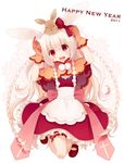  2011 :d albino animal_ears apron bow braid breasts bunny bunny_ears capelet cleavage gloves hair_bow kneeling koto_(colorcube) lolita_fashion long_hair looking_up new_year open_mouth original quad_braids red_eyes small_breasts smile solo very_long_hair white_hair 