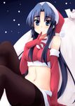  asakura_ryouko black_legwear blue_eyes blue_hair elbow_gloves gloves hat long_hair nagami_yuu navel pantyhose red_gloves sack santa_costume santa_hat smile solo suzumiya_haruhi_no_yuuutsu thighs 