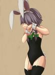  animal_ears bad_id bad_pixiv_id braid bunny_ears bunny_tail bunnysuit covering_face embarrassed flat_chest garter_straps izayoi_sakuya opagi short_hair silver_hair simple_background solo tail thighhighs touhou twin_braids wrist_cuffs 