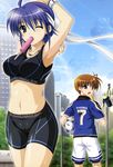  1girl absurdres arm_up armpits ball blue_hair breasts brown_hair clothes_writing cloud crop_top day food food_in_mouth green_eyes headband higa_yukari highres looking_back lyrical_nanoha mahou_senki_lyrical_nanoha_force medium_breasts midriff moon mouth_hold navel non-web_source nyantype official_art one_eye_closed outdoors popsicle scan sexually_suggestive short_hair shorts skin_tight sky soccer soccer_ball steed_(nanoha) subaru_nakajima sweat tango_(soccer_ball) tank_top thoma_avenir 