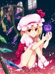  bad_id bad_pixiv_id blonde_hair flandre_scarlet flower hat heart high_heels mary_janes moon nunucco red_eyes red_flower red_rose rose shoes short_hair side_ponytail sitting slit_pupils smile socks solo touhou window wings 